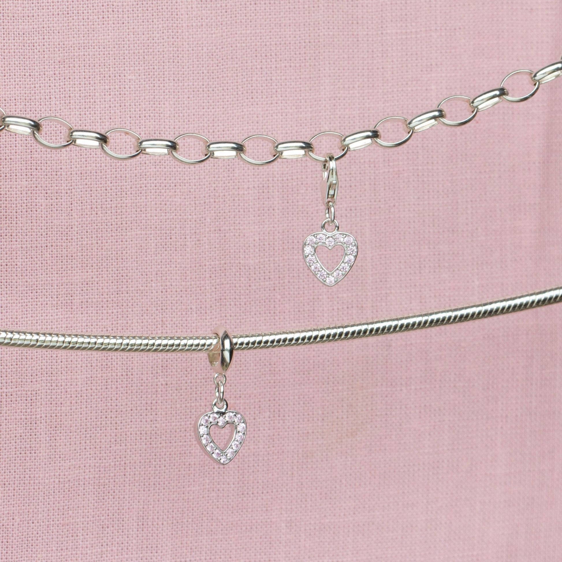 Sterling Silver Pink Crystal Heart Charm - MYLEE London