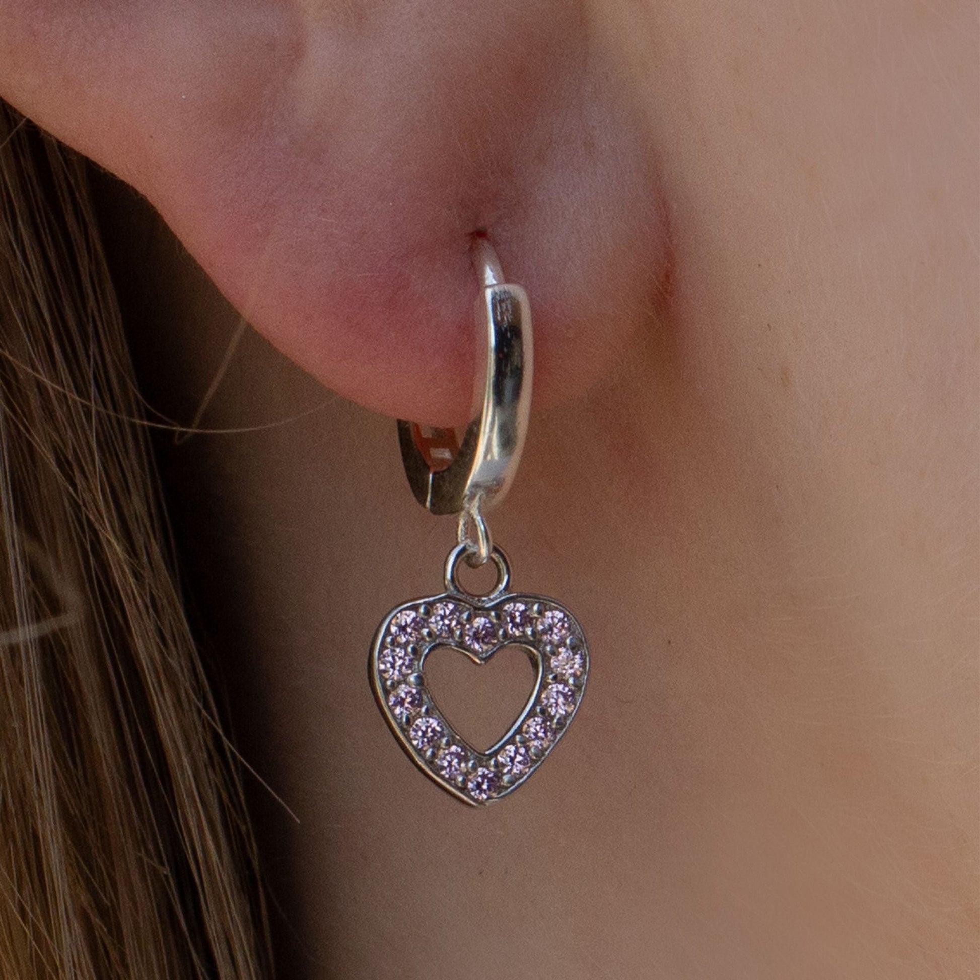 Sterling Silver Pink Crystal Heart Earrings - MYLEE London