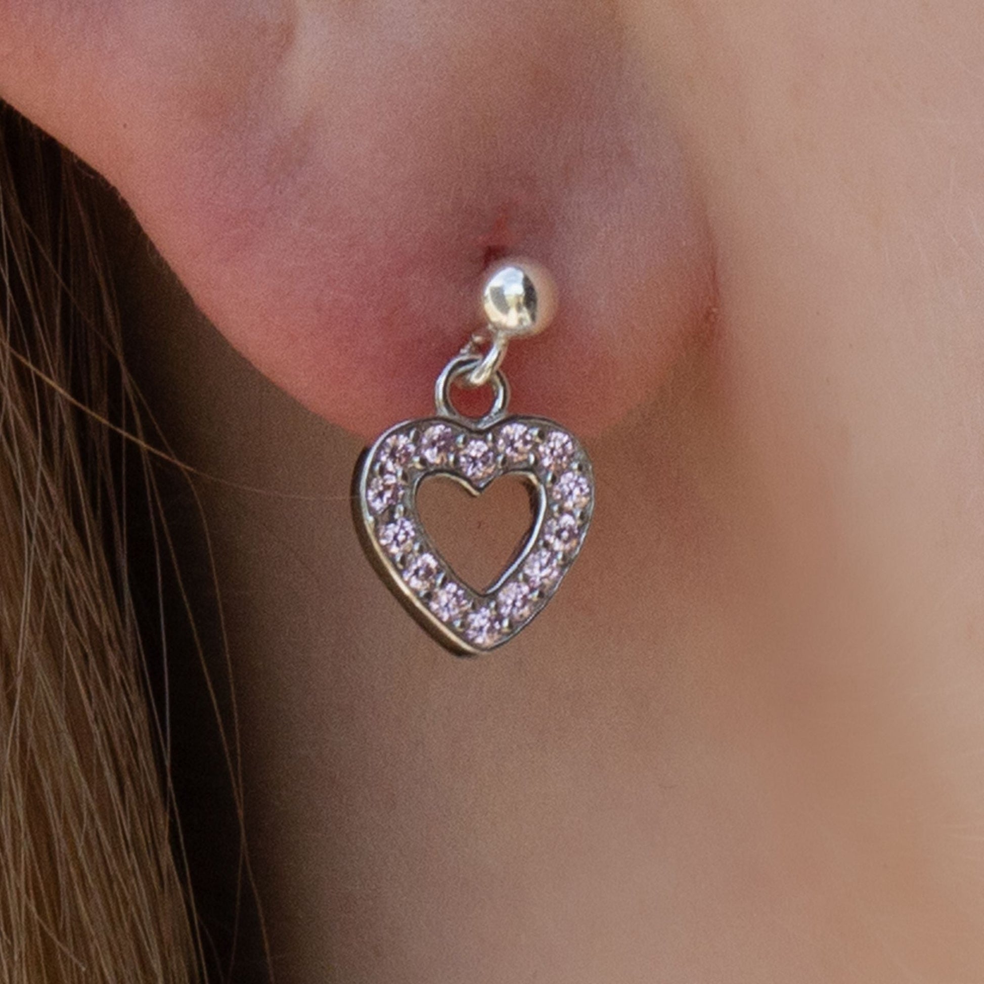 Sterling Silver Pink Crystal Heart Earrings - MYLEE London
