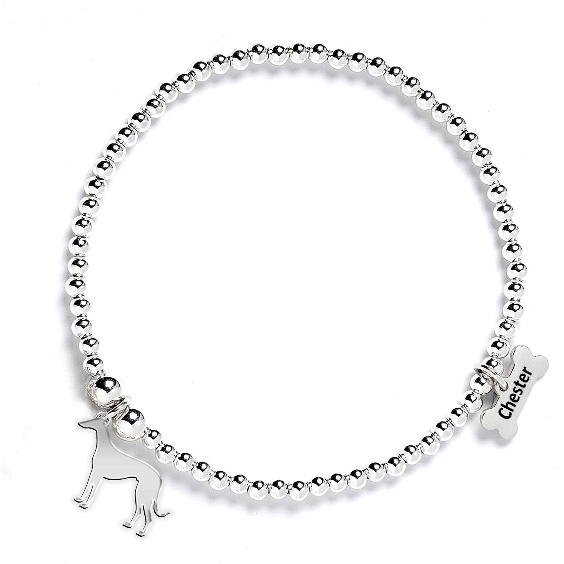 Whippet Silhouette Silver Ball Bead Bracelet - Personalised - MYLEE London