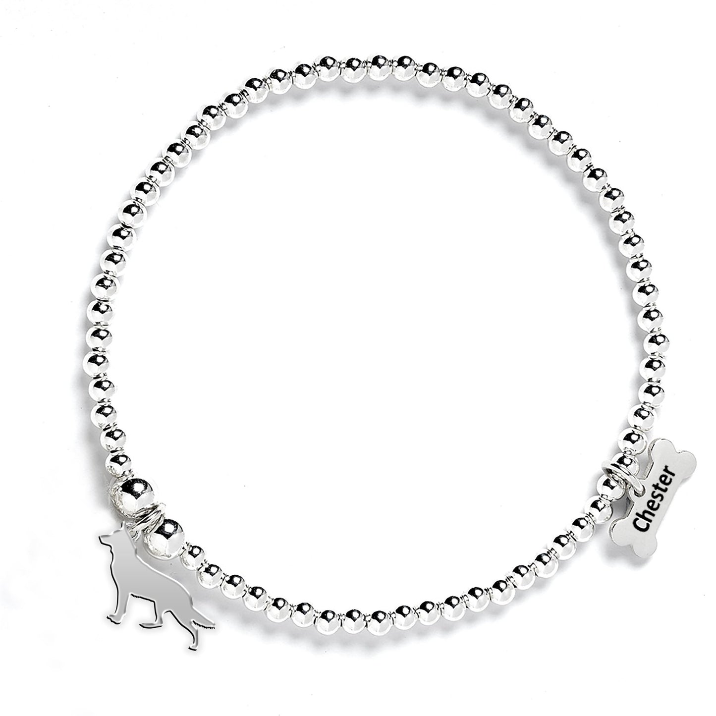 White Swiss Shepherd Dog Silhouette Silver Ball Bead Bracelet - Personalised - MYLEE London