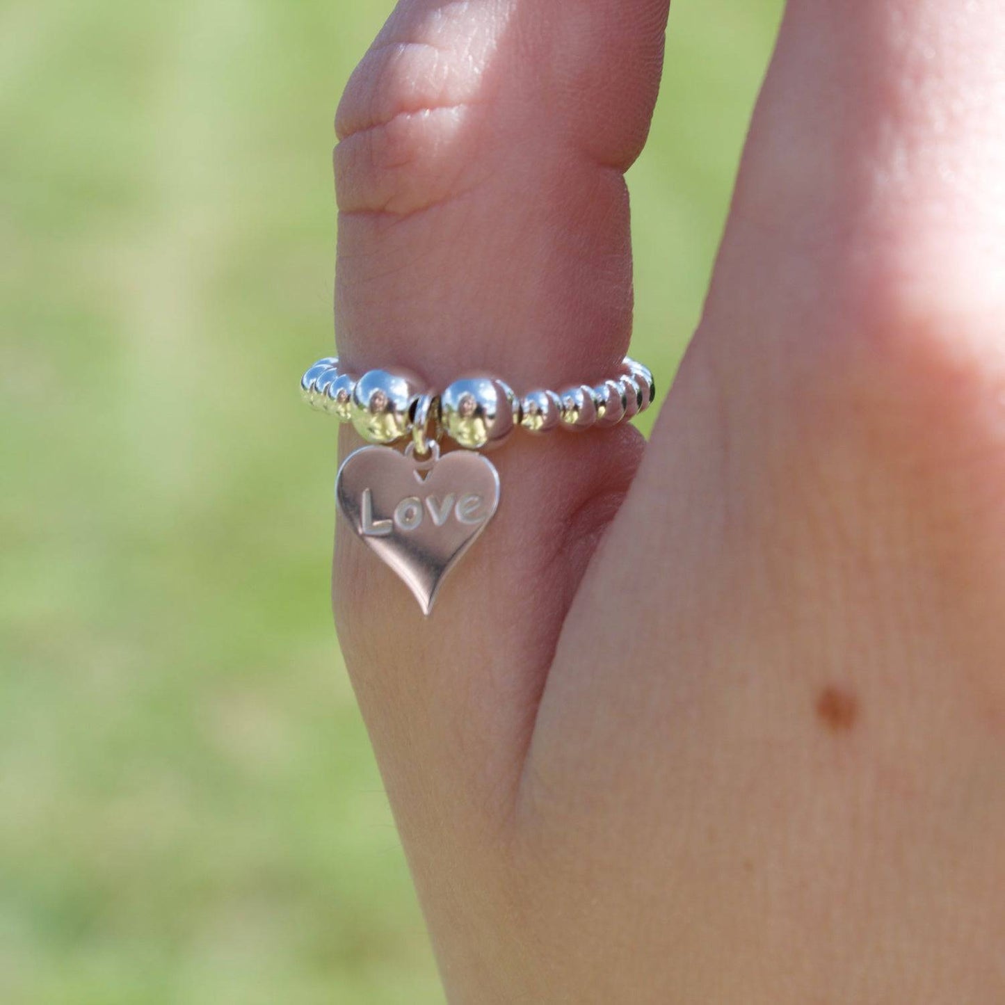 Love Heart on Silver Ball Bead Ring