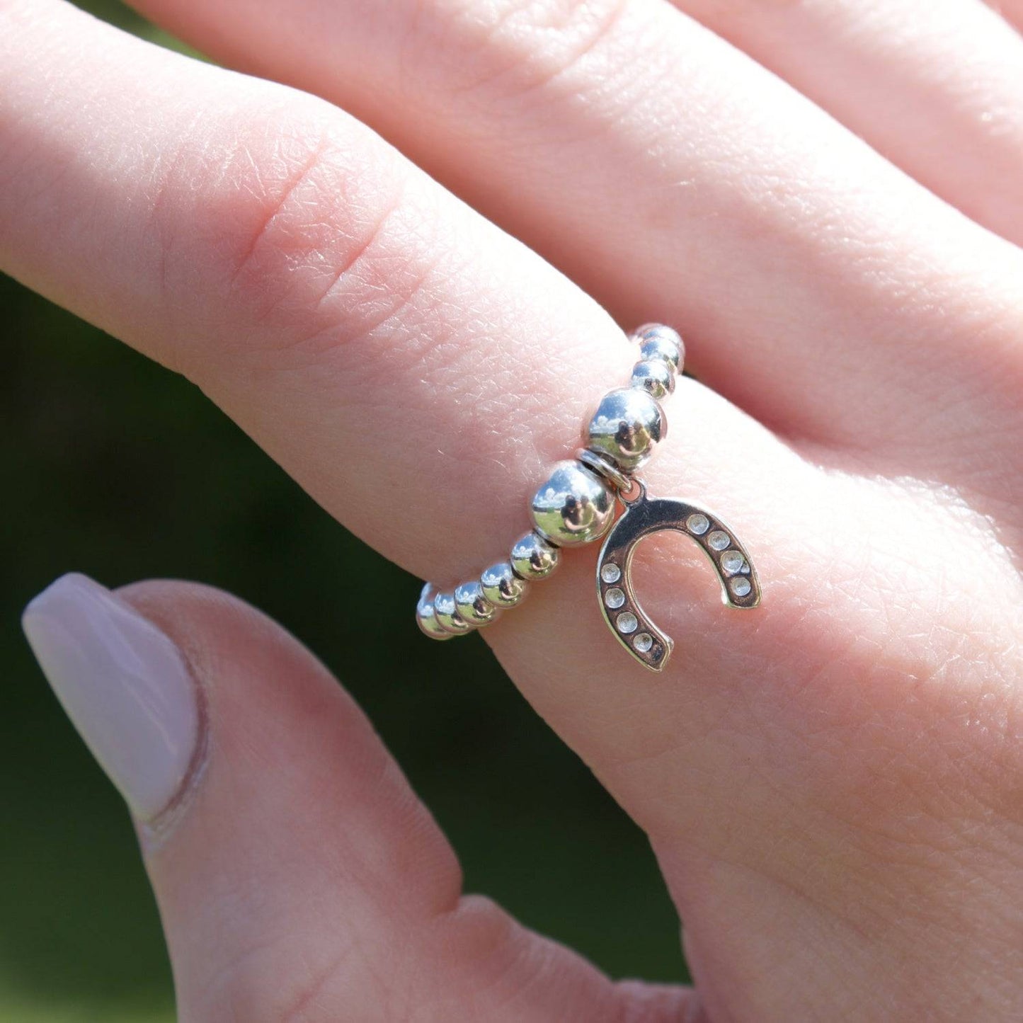 Lucky Horseshoe on Silver Ball Bead Ring