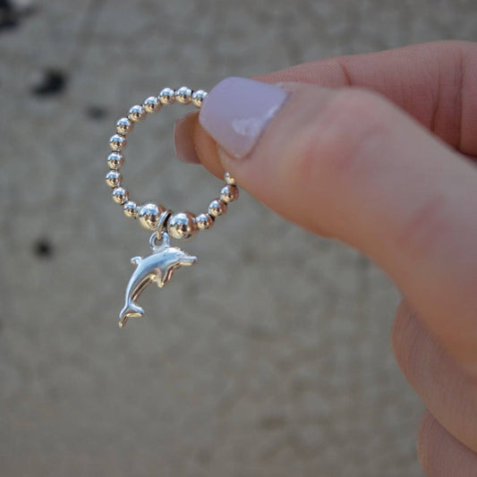 Dolphin on Silver Ball Bead Ring - MYLEE London