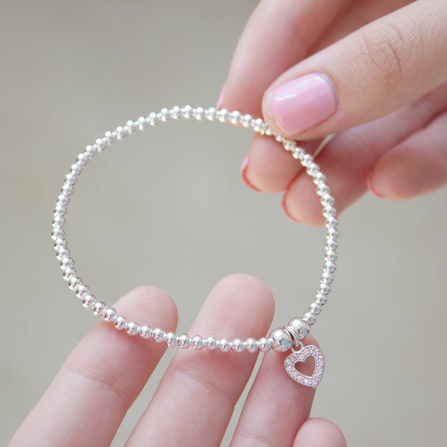 Pink Crystal Heart on Silver Ball Bead Bracelet