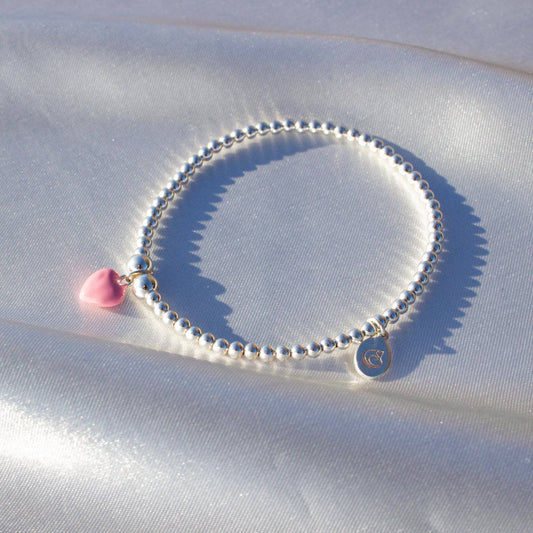 Pink Enamel Heart on Silver Ball Bead Bracelet