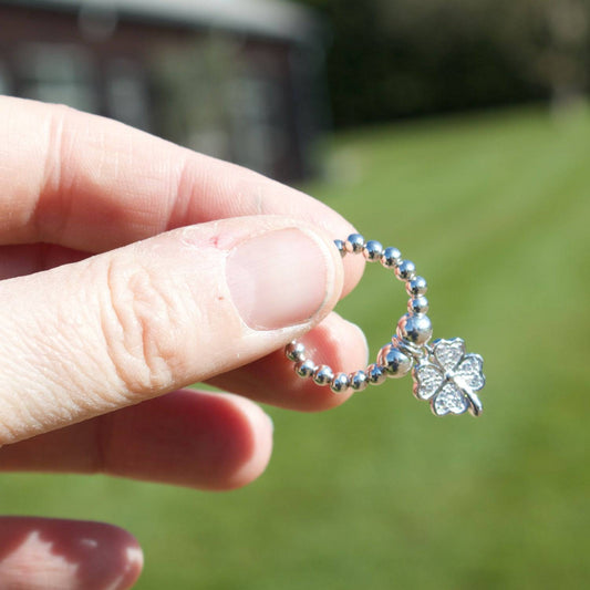 Crystal Four Leaf Clover on Silver Ball Bead Ring