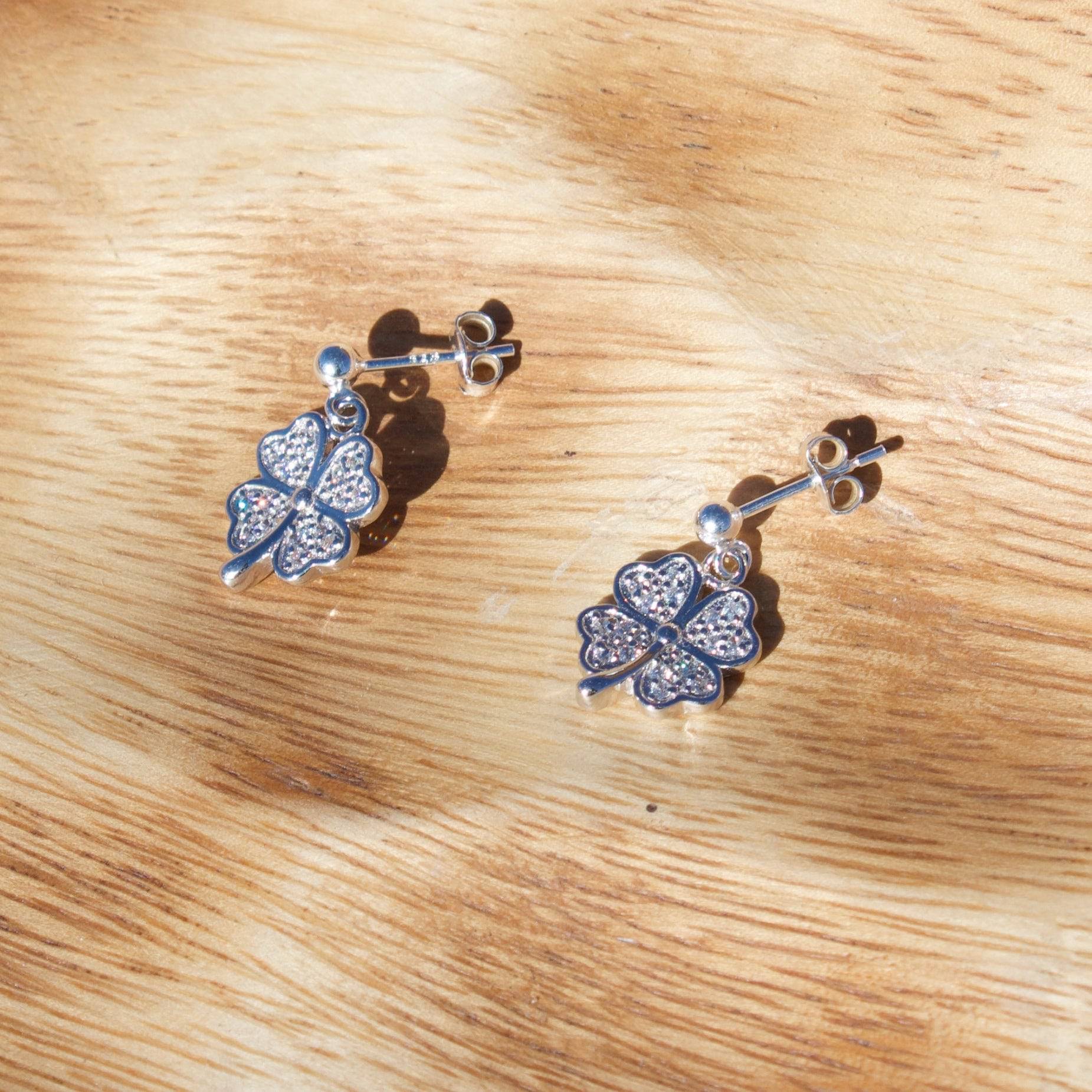 Crystal Four Leaf Clover on Silver Stud Drop Earrings - MYLEE London