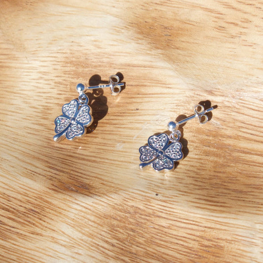 Crystal Four Leaf Clover on Silver Stud Drop Earrings